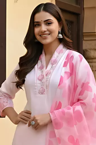 pink chanderi printed straight kurta pant and dupatta set