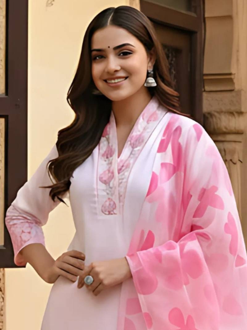pink chanderi printed straight kurta pant and dupatta set