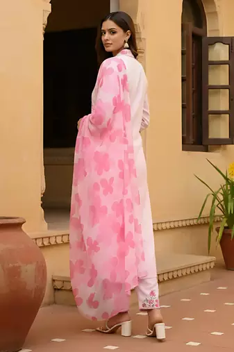 pink chanderi printed straight kurta pant and dupatta set