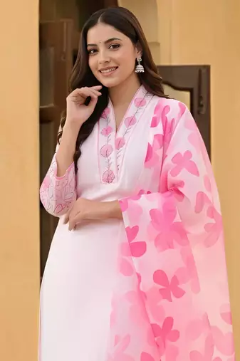 pink chanderi printed straight kurta pant and dupatta set