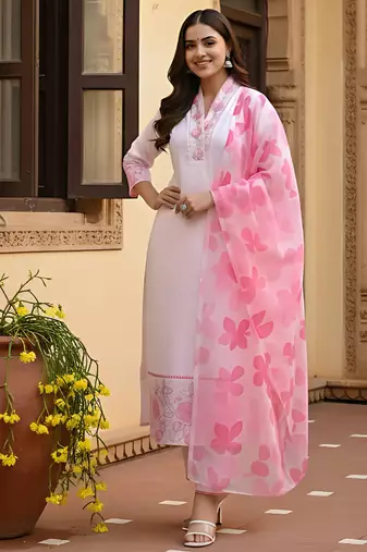 pink chanderi printed straight kurta pant and dupatta set