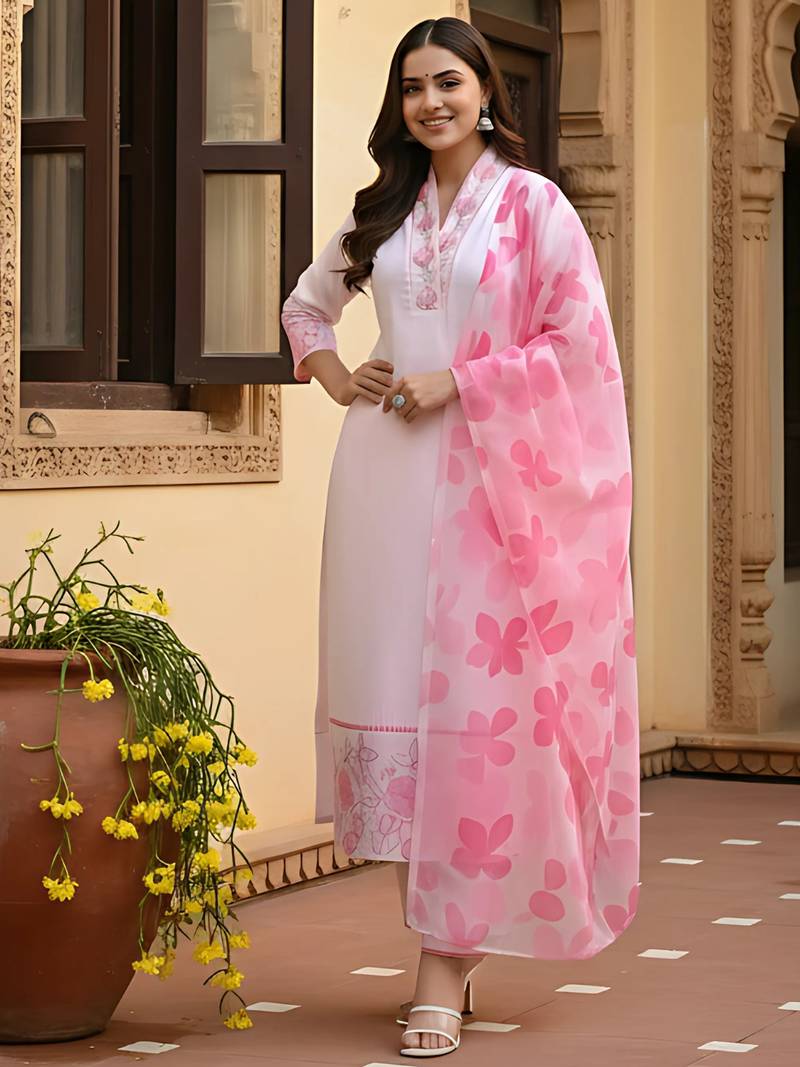 pink chanderi printed straight kurta pant and dupatta set