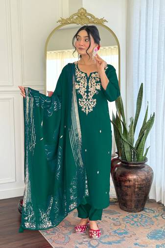 green roman silk straight kurta pant and dupatta set