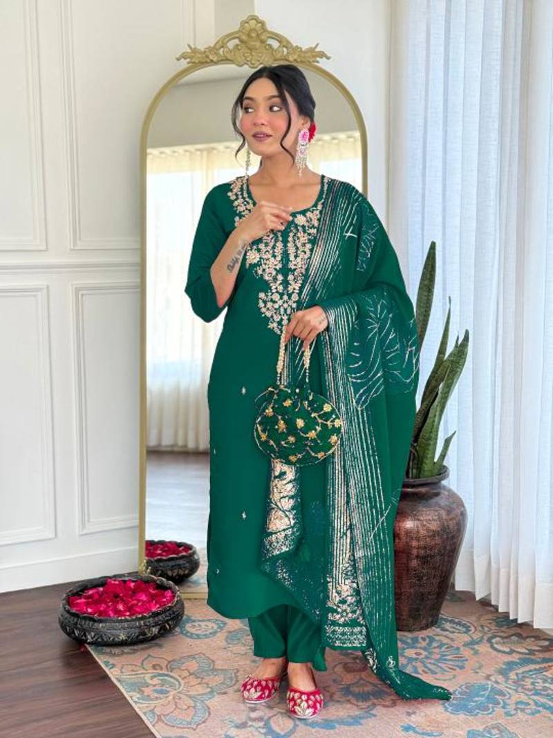 green roman silk straight kurta pant and dupatta set