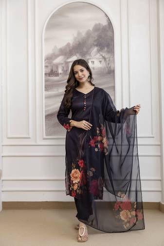 black  printed a-line kurta pant and dupatta set