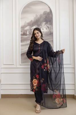 black  printed a-line kurta pant and dupatta set 1