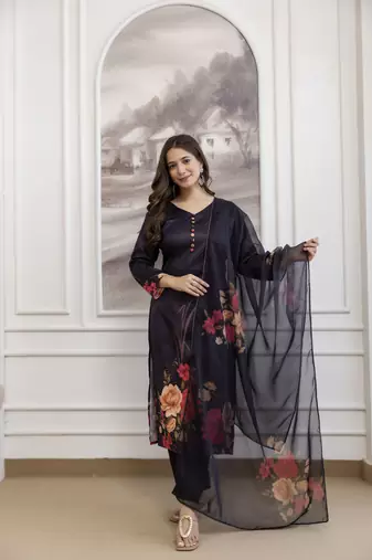 black  printed a-line kurta pant and dupatta set