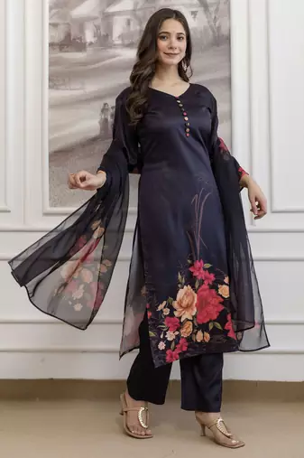 black  printed a-line kurta pant and dupatta set