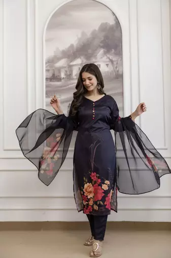 black  printed a-line kurta pant and dupatta set