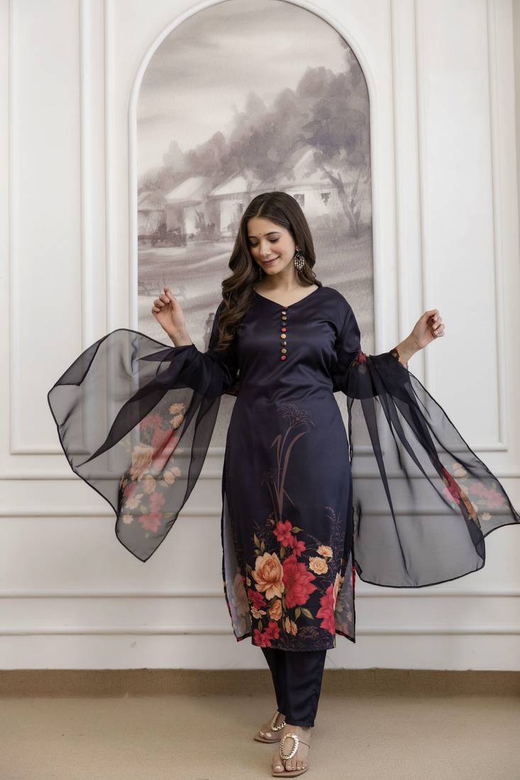 black  printed a-line kurta pant and dupatta set