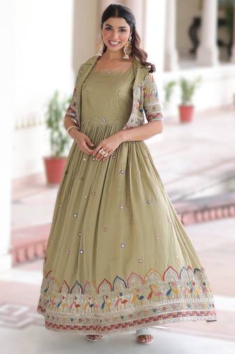 Parrot green vichitra silk embroidered Anarkali with koti