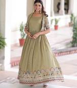 parrot green vichitra silk embroidered anarkali with koti