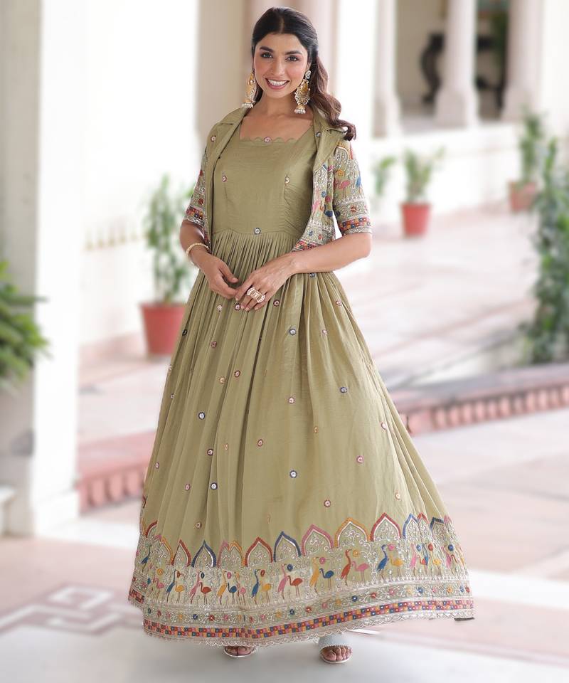 Parrot green vichitra silk embroidered Anarkali with koti