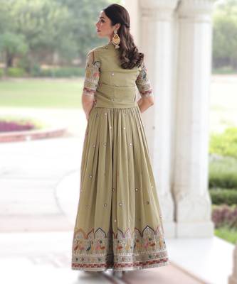 parrot green vichitra silk embroidered anarkali with koti 2