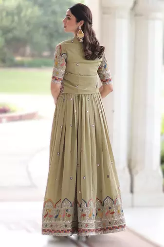 parrot green vichitra silk embroidered anarkali with koti