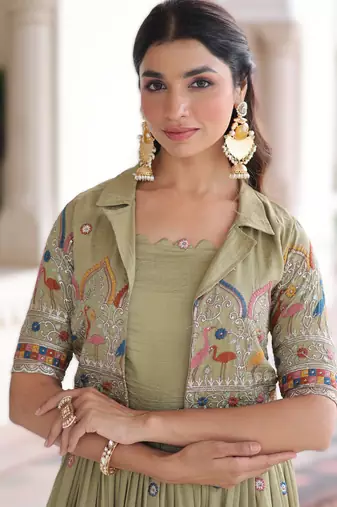 parrot green vichitra silk embroidered anarkali with koti