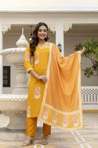 yellow rayon printed straight kurta pant and dupatta set