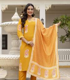 yellow rayon printed straight kurta pant and dupatta set