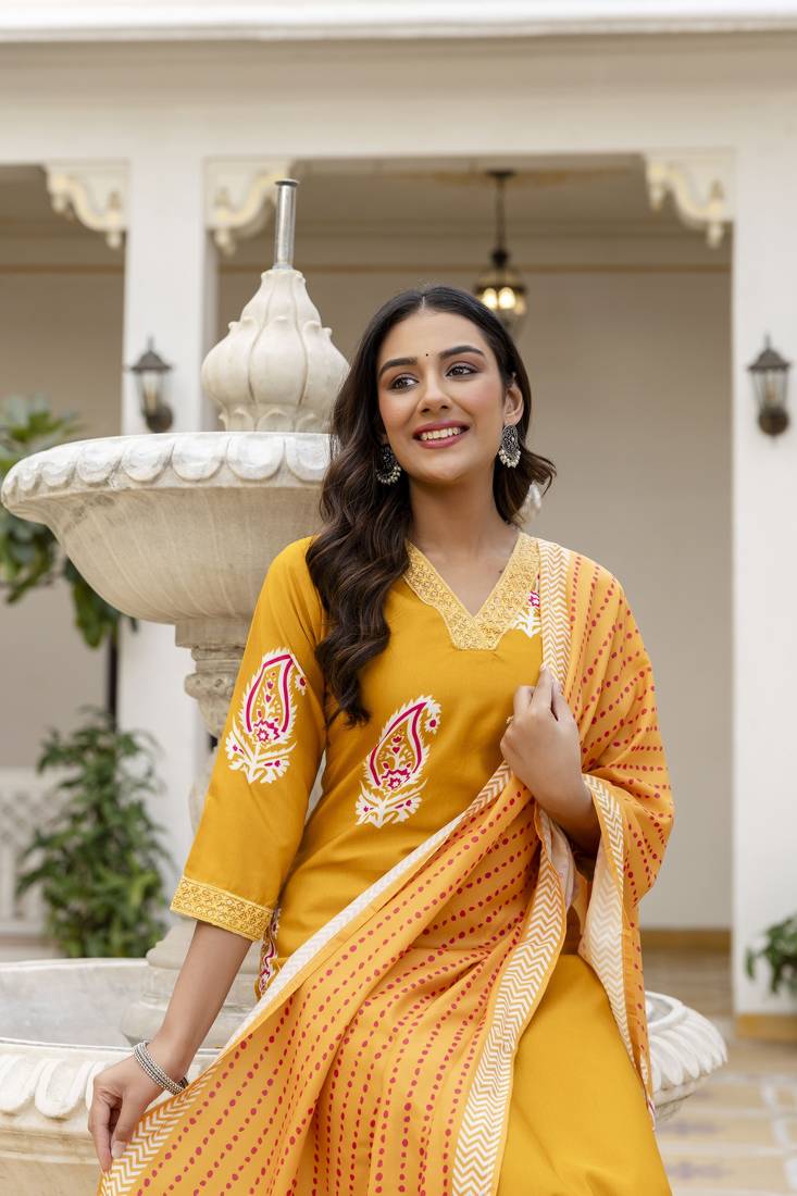 yellow rayon printed straight kurta pant and dupatta set