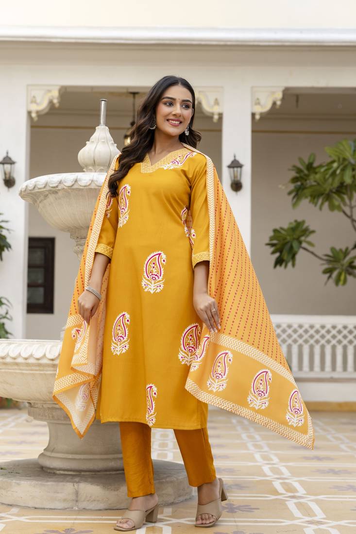 yellow rayon printed straight kurta pant and dupatta set