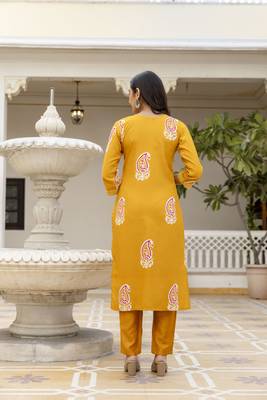 yellow rayon printed straight kurta pant and dupatta set 4