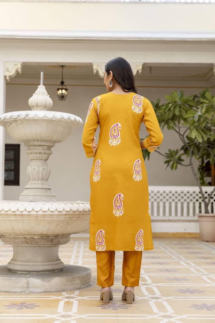 yellow rayon printed straight kurta pant and dupatta set