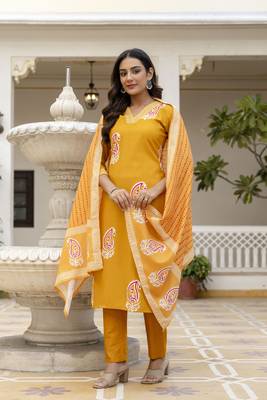 yellow rayon printed straight kurta pant and dupatta set 5