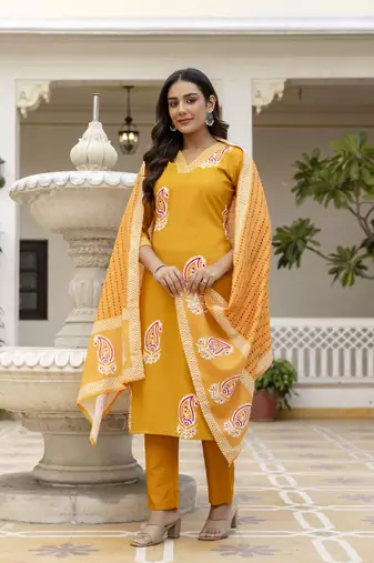 yellow rayon printed straight kurta pant and dupatta set