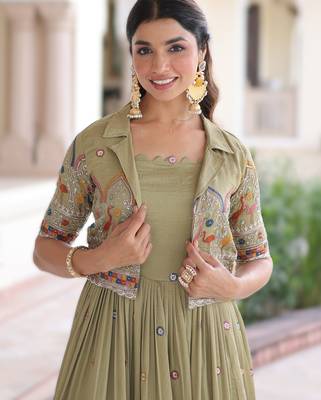 parrot green vichitra silk embroidered anarkali with koti 4