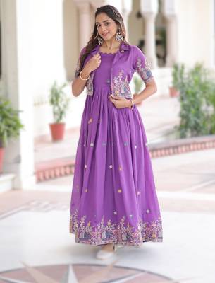 Purple vichitra silk embroidered Anarkali with koti 1