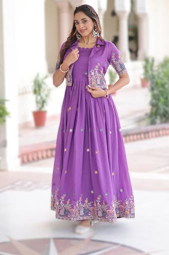 Purple vichitra silk embroidered Anarkali with koti