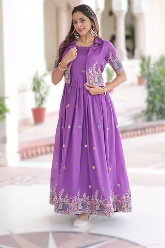 Purple vichitra silk embroidered Anarkali with koti