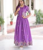 Purple vichitra silk embroidered Anarkali with koti
