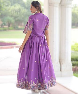 Purple vichitra silk embroidered Anarkali with koti 2