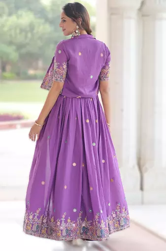 Purple vichitra silk embroidered Anarkali with koti