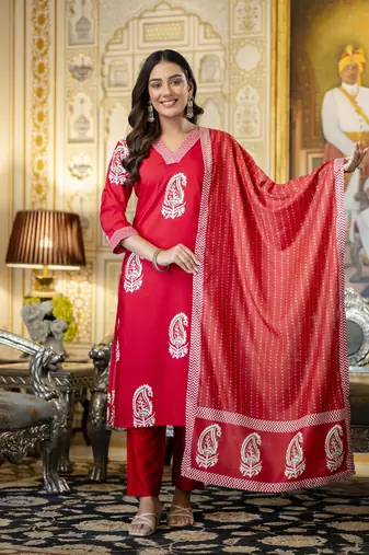 red rayon printed straight kurta pant and dupatta set