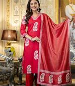 red rayon printed straight kurta pant and dupatta set