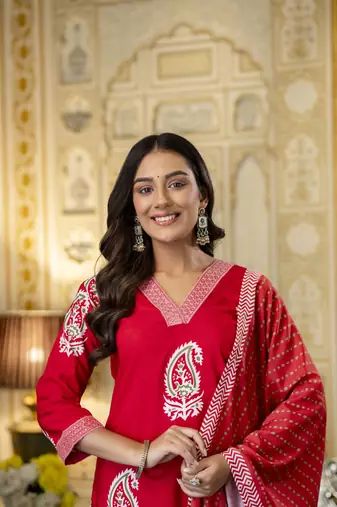 red rayon printed straight kurta pant and dupatta set