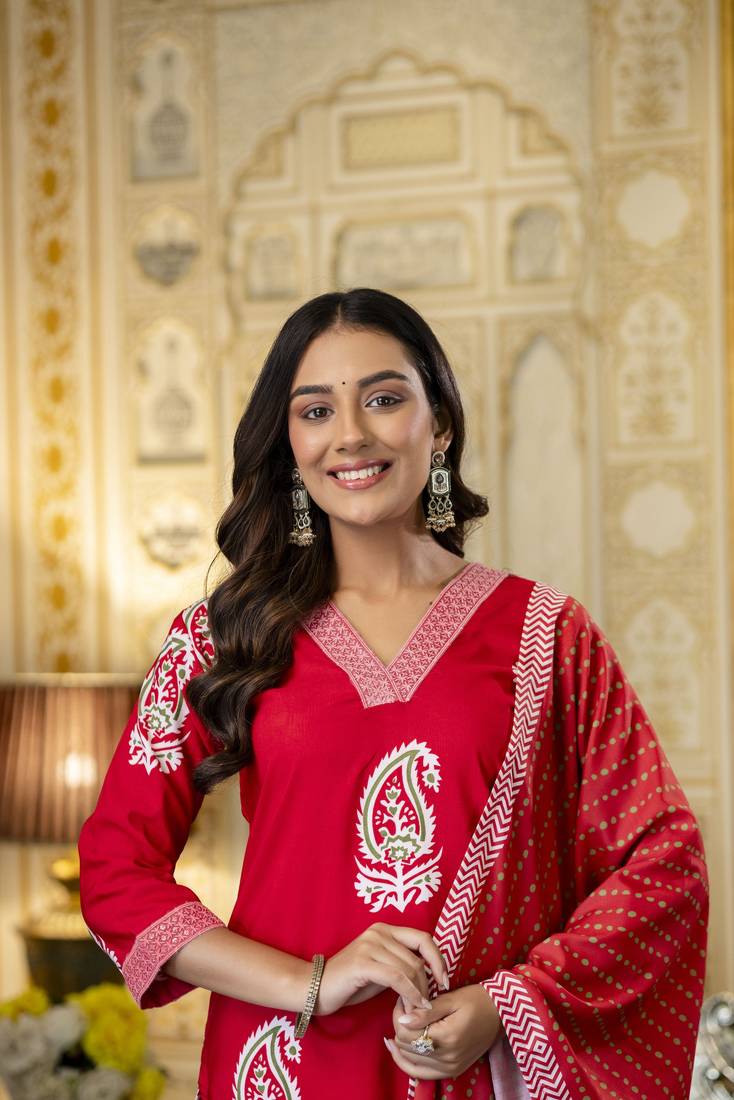 red rayon printed straight kurta pant and dupatta set