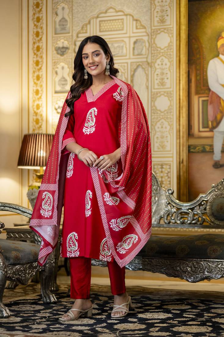 red rayon printed straight kurta pant and dupatta set