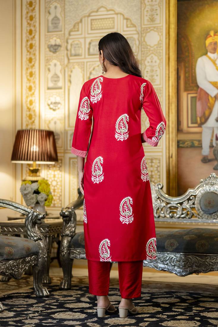 red rayon printed straight kurta pant and dupatta set