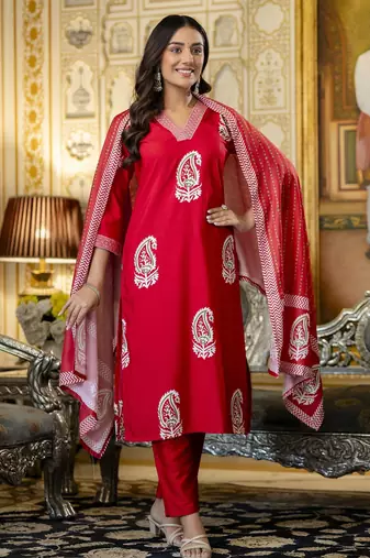 red rayon printed straight kurta pant and dupatta set