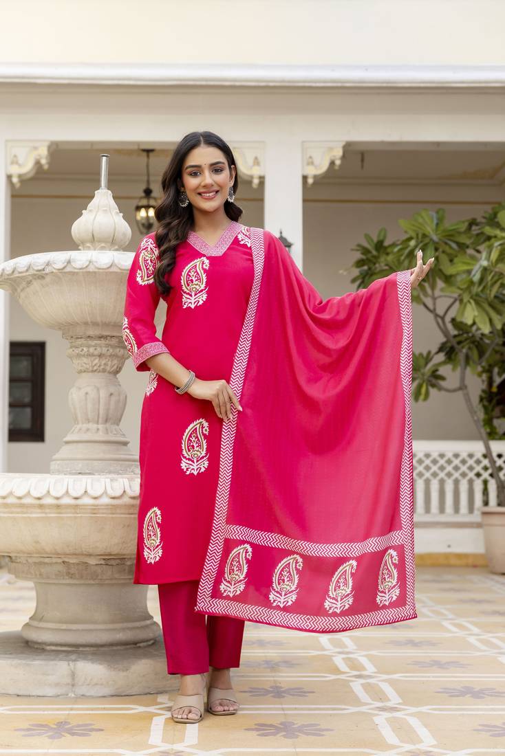pink rayon printed straight kurta pant and dupatta set