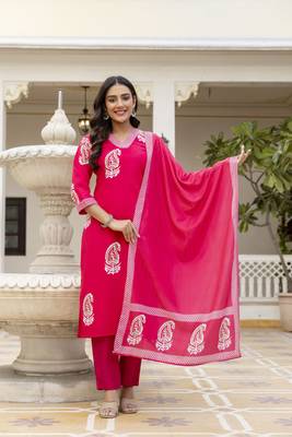 pink rayon printed straight kurta pant and dupatta set 1