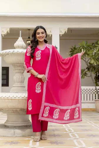 pink rayon printed straight kurta pant and dupatta set