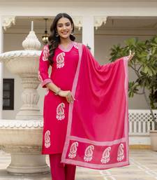 pink rayon printed straight kurta pant and dupatta set