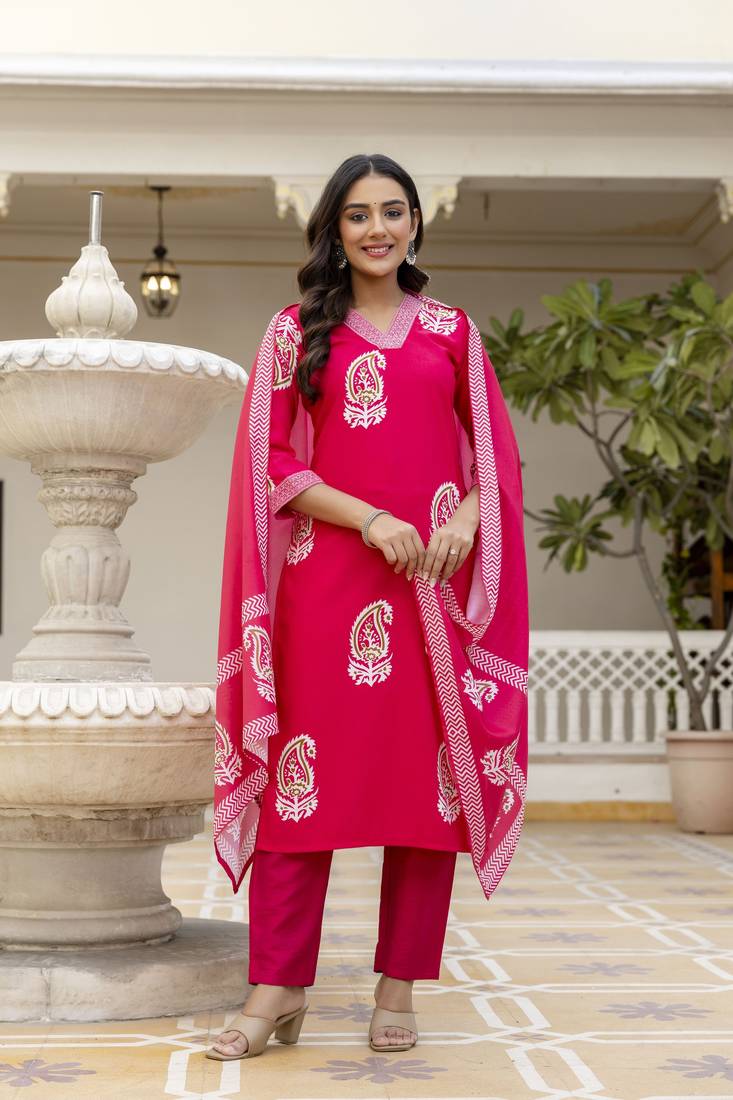 pink rayon printed straight kurta pant and dupatta set