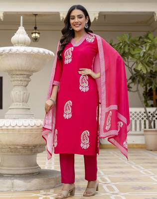 pink rayon printed straight kurta pant and dupatta set 5