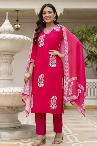 pink rayon printed straight kurta pant and dupatta set