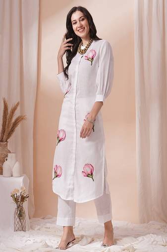 white floral embroidered round neck cotton kurta with trouser